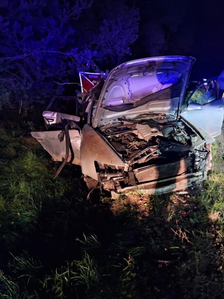 Zniszczony samochód osobowy leży na poboczu drogi, otoczony trawą, z otwartą maską i uszkodzoną przednią częścią.