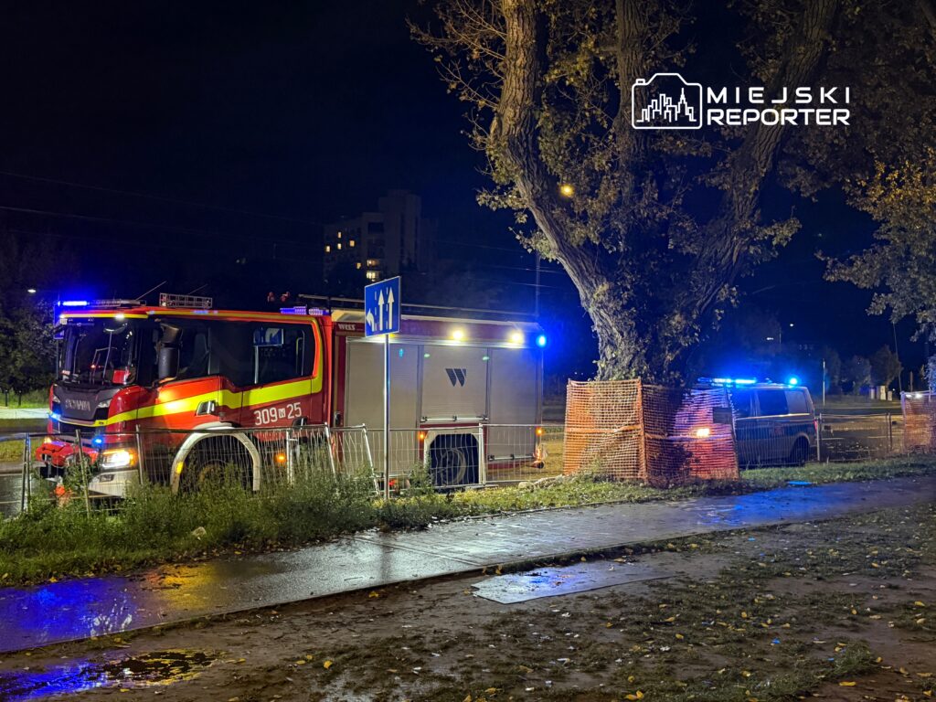 Straż pożarna z włączonymi sygnałami świetlnymi stoi obok ogrodzonego drzewa na nocnej ulicy.