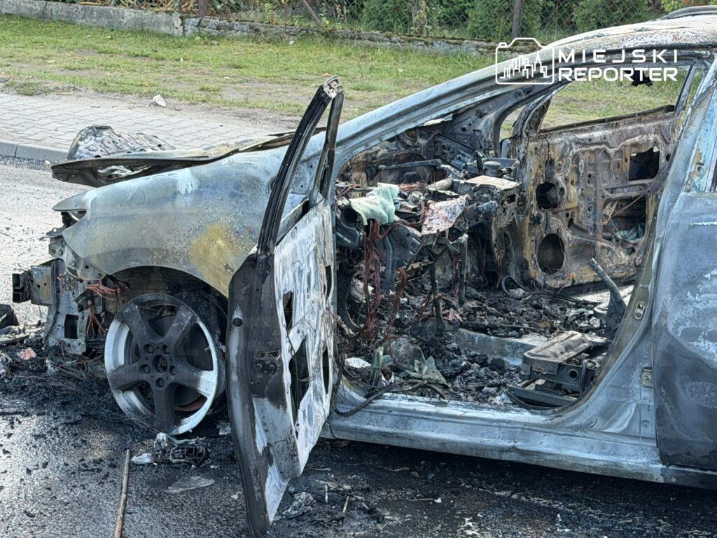 Spalony wrak samochodu z otwartymi drzwiami na poboczu drogi, z widocznymi uszkodzeniami wnętrza.