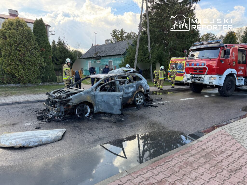 Pojazd pożarowy stoi obok spalonego samochodu, a strażacy prowadzą działania ratunkowe na drodze w terenie zabudowanym.