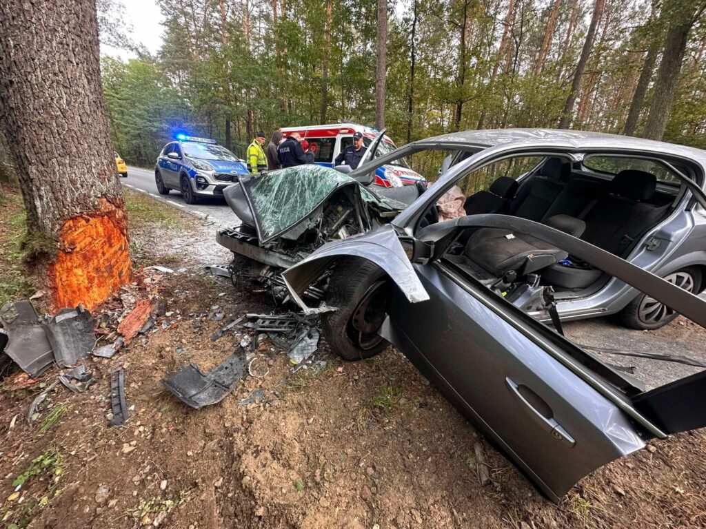 Zniszczony samochód osobowy uderzył w drzewo na leśnej drodze; w tle widać radiowóz i ratowników medycznych.
