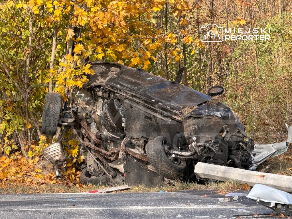 Czarny samochód leżący na boku wśród żółtych liści, z uszkodzoną karoserią i odłamanym ogrodzeniem drogowym.