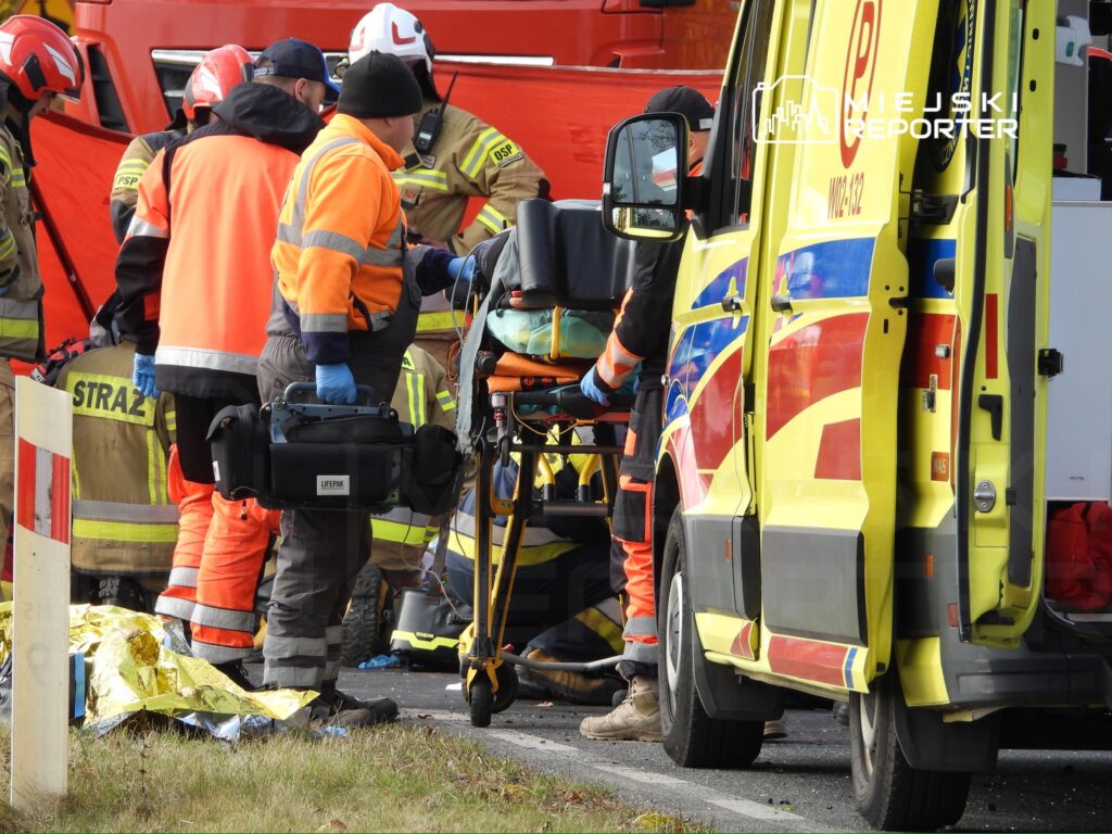 Ratownicy medyczni i strażacy udzielają pomocy poszkodowanemu przy ambulansie na drodze.