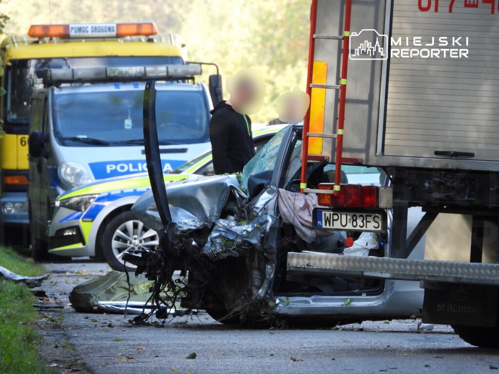 Zniszczony samochód osobowy stoi przy drodze, obok pojazdów służb ratunkowych i policyjnych.