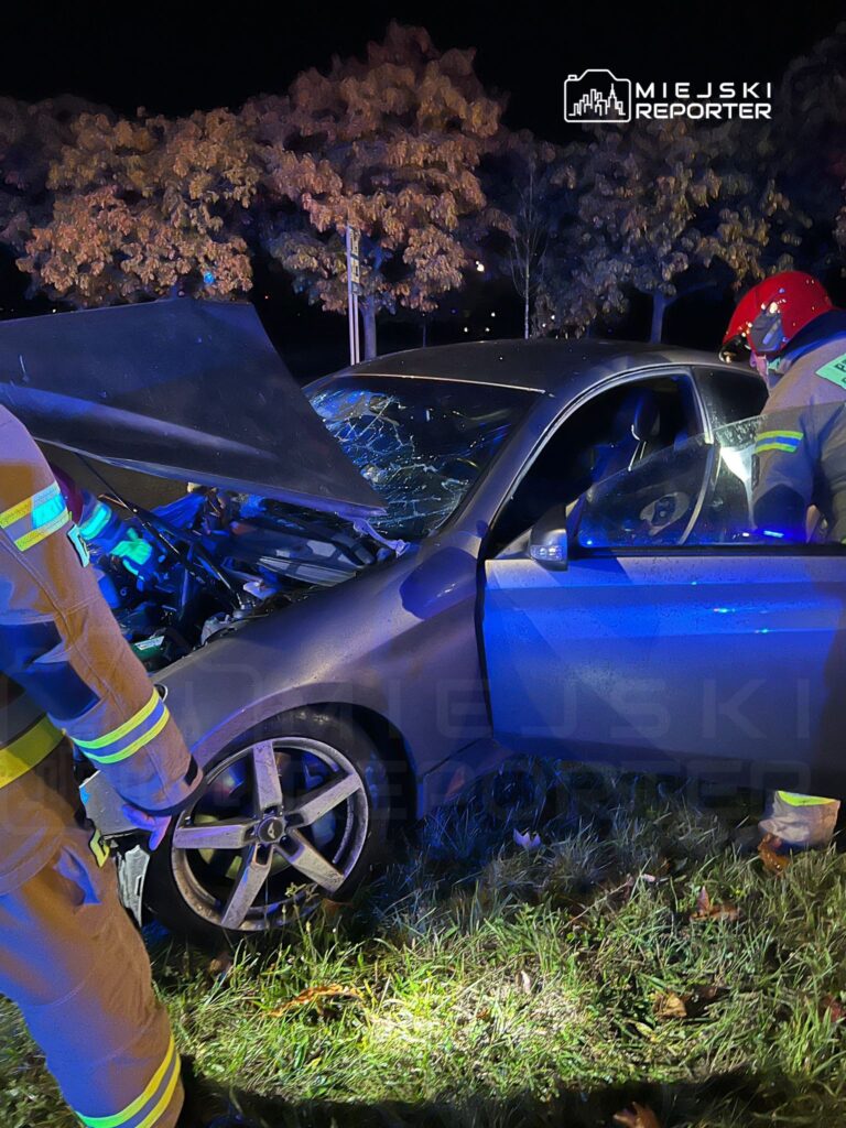 Ratownicy w mundurach sprawdzają uszkodzone auto po wypadku drogowym w nocy, otoczone przez zieleń.