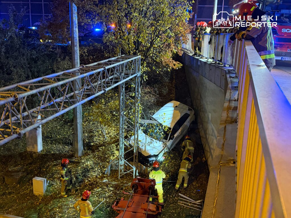 Grupa strażaków w hełmach pracuje nad wydobyciem samochodu osobowego z rowu, obok widoczne pojazdy ratunkowe.