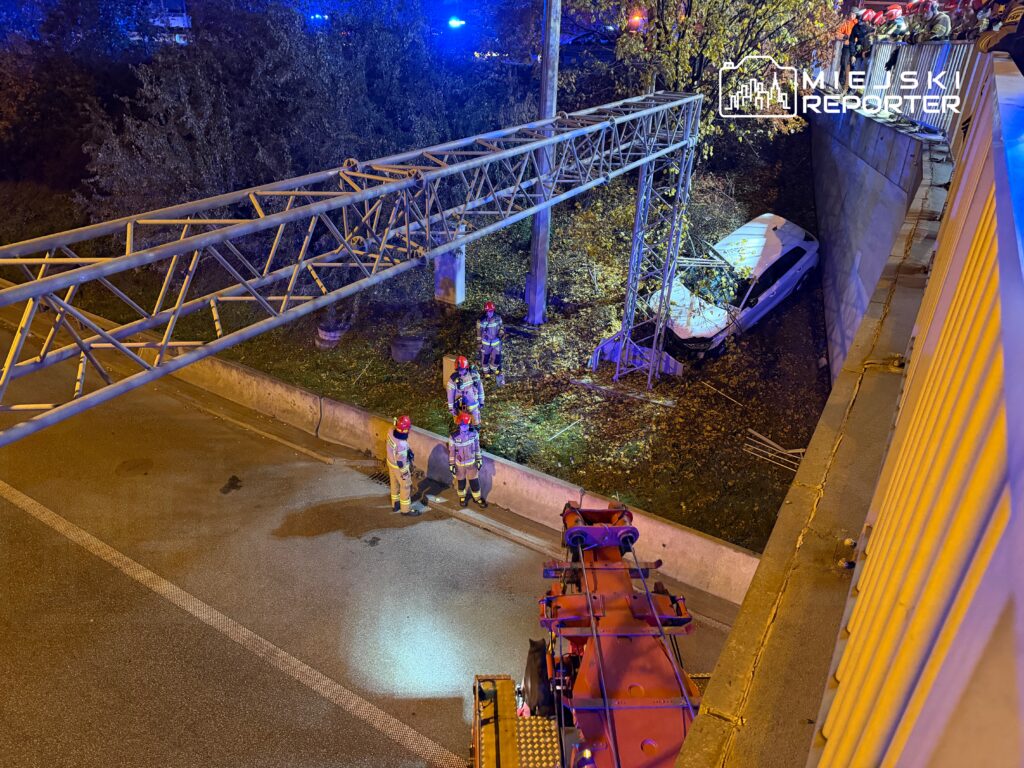 Grupa strażaków w hełmach obserwuje wypadek na drodze, gdzie przewrócony samochód znajduje się w rowie.