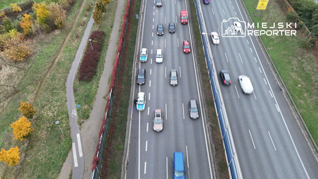 Policyjny radiowóz zatrzymany na pasie drogi, obok poruszające się samochody, w tle zieleń i ścieżka rowerowa.