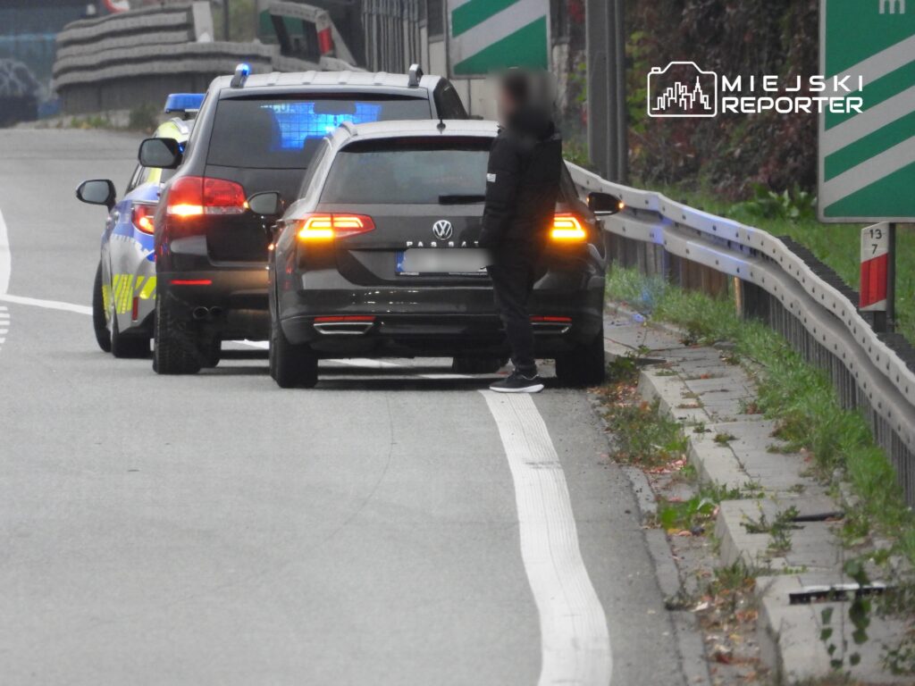 Mężczyzna w czarnej kurtce rozmawia z policjantem obok zatrzymanego samochodu na poboczu drogi.