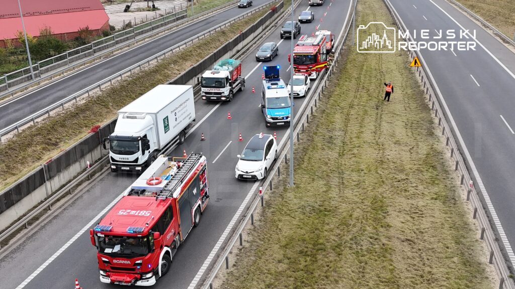 Pojazdy i straż pożarna zatrzymane na drodze ekspresowej, z policją kierującą ruchem obok trawnika.
