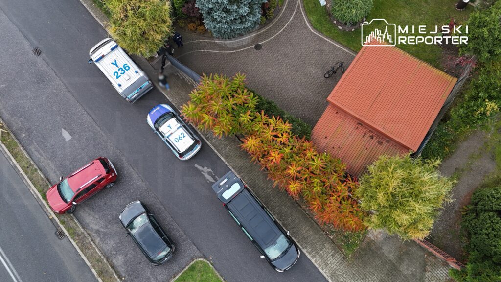 Na drodze zaparkowane są dwa radiowozy i karetka, otoczone przez kolorowe krzewy w pobliżu budynku z drewnianym dachem.