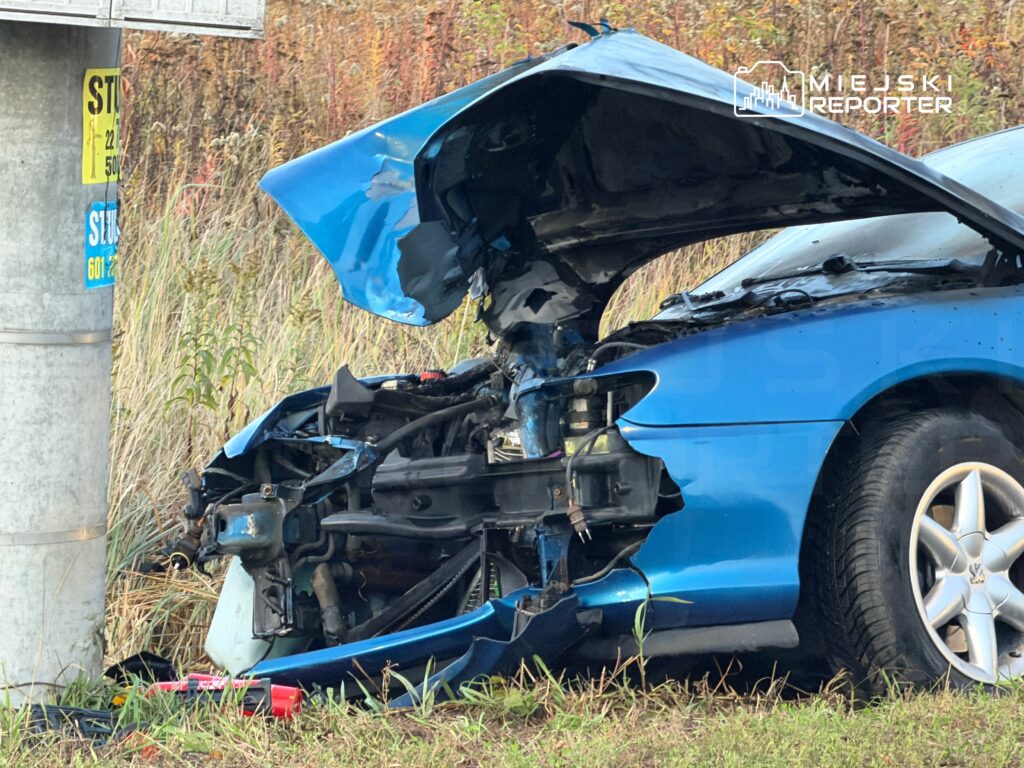 Uszkodzony niebieski samochód osobowy z otwartą maską leży na poboczu drogi, obok metalowego słupa.