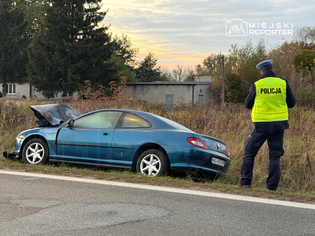Policjant w odblaskowej kamizelce sprawdza samochód osobowy z otwartą maską, zaparkowany przy drodze.