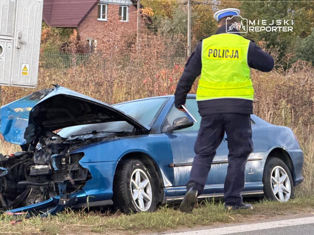 Policjant w kamizelce odblaskowej bada uszkodzony niebieski samochód osobowy na poboczu drogi.