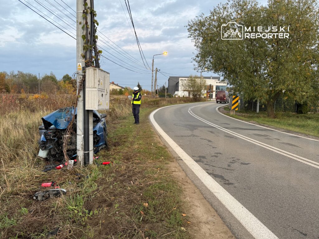 Policjant w kamizelce ostrzegawczej bada wrak niebieskiego samochodu osobowego przy drodze, obok słupa elektrycznego.