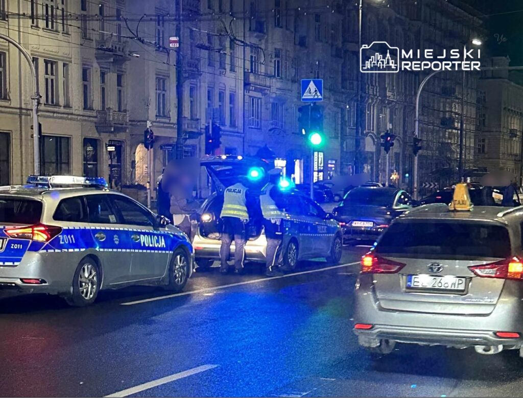 Policjanci kontrolują ruch na ulicy, obok zaparkowane radiowozy, w tle widoczne światła sygnalizacyjne.