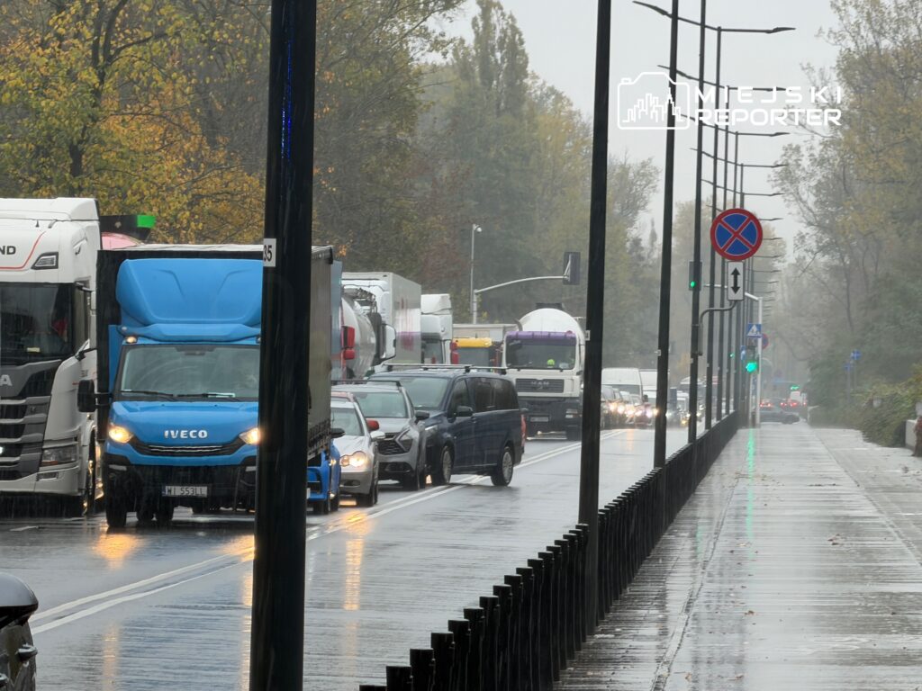 Ruchliwa ulica w deszczowy dzień, na jezdni stojące samochody ciężarowe i osobowe, w tle zielone światło sygnalizacji.