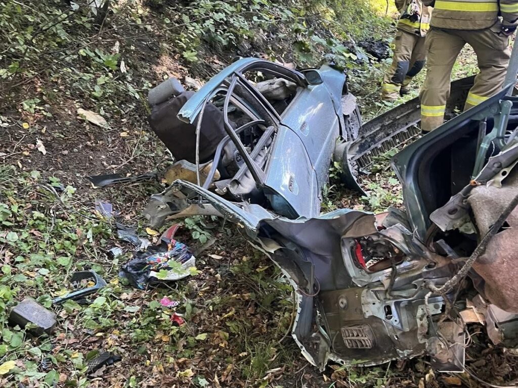 Rozbite auto leży na poboczu drogi, otoczone przez zieleń, obok pracujący strażacy.