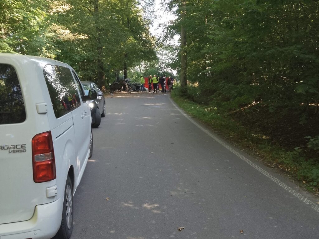 Grupa osób w odblaskowych kamizelkach pracuje przy drodze w lesie, obok zaparkowanych samochodów.