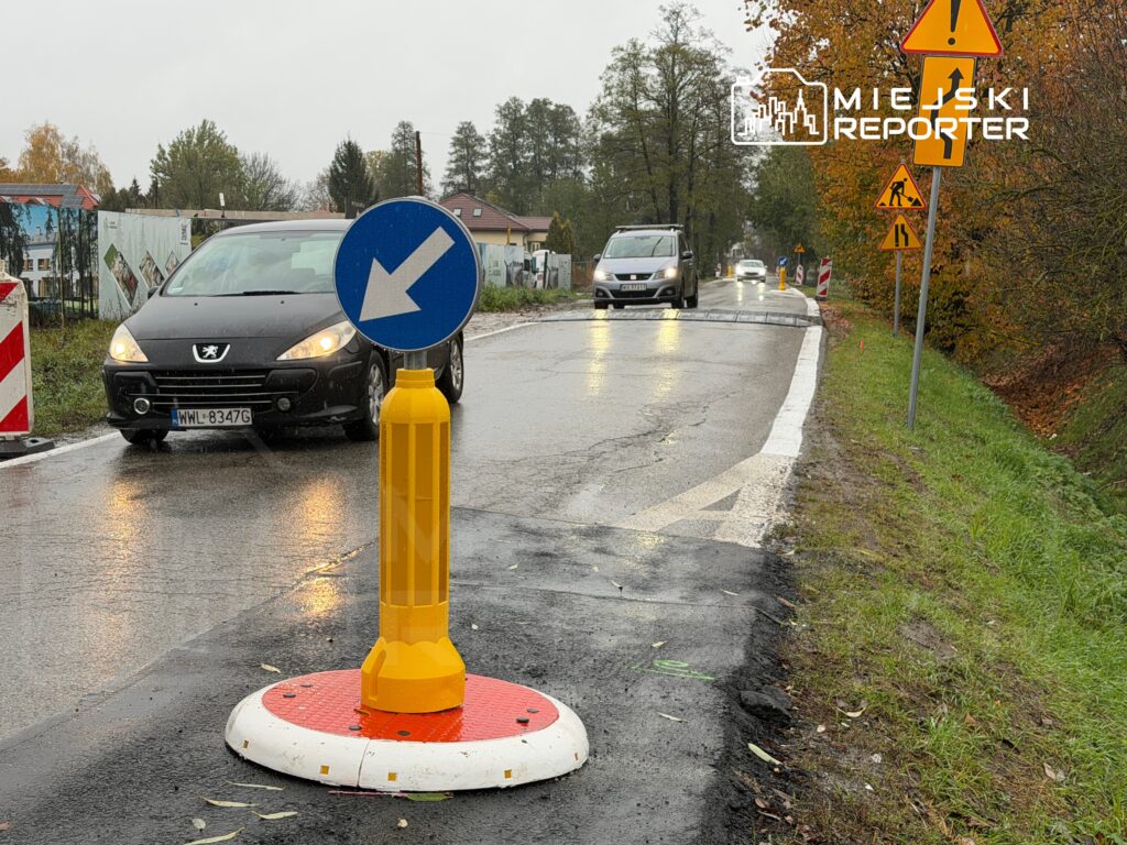 Ruchliwa ulica z oznakowaniem drogowym, kierunkowskaz wskazujący w lewo oraz samochody przejeżdżające obok.