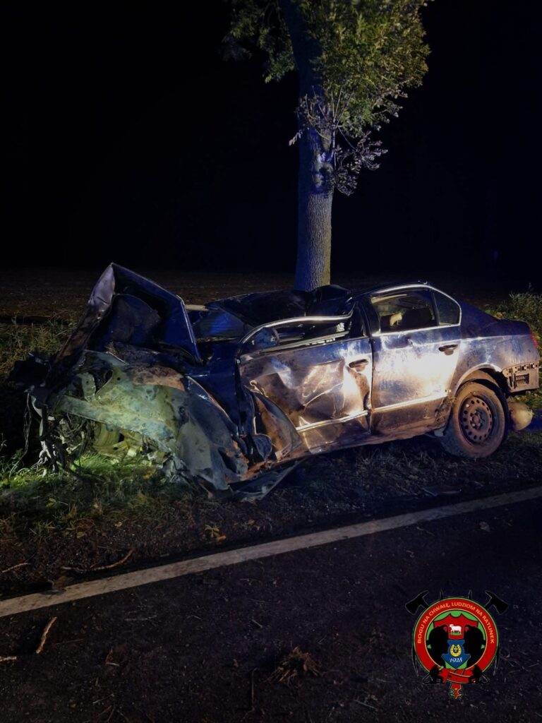 Zniszczony samochód osobowy uderzony w drzewo, widoczny na poboczu drogi w nocy, oświetlony przez niebieskie światło.