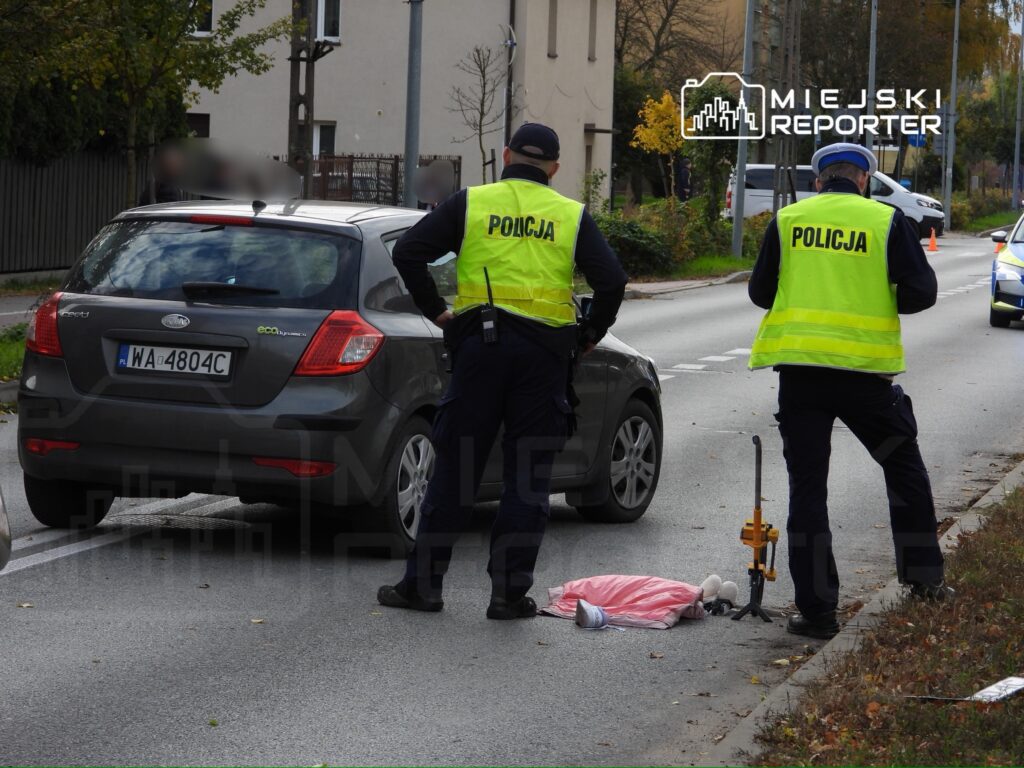 Dwaj policjanci w kamizelkach odblaskowych badają miejsce zdarzenia na drodze, obok leży różowa odzież.
