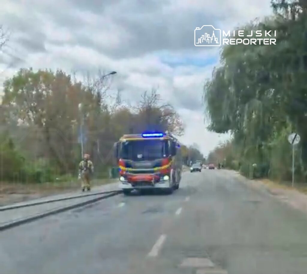 Wozidło strażackie z niebieskimi światłami przejeżdża obok strażaka na poboczu drogi w otoczeniu drzew.