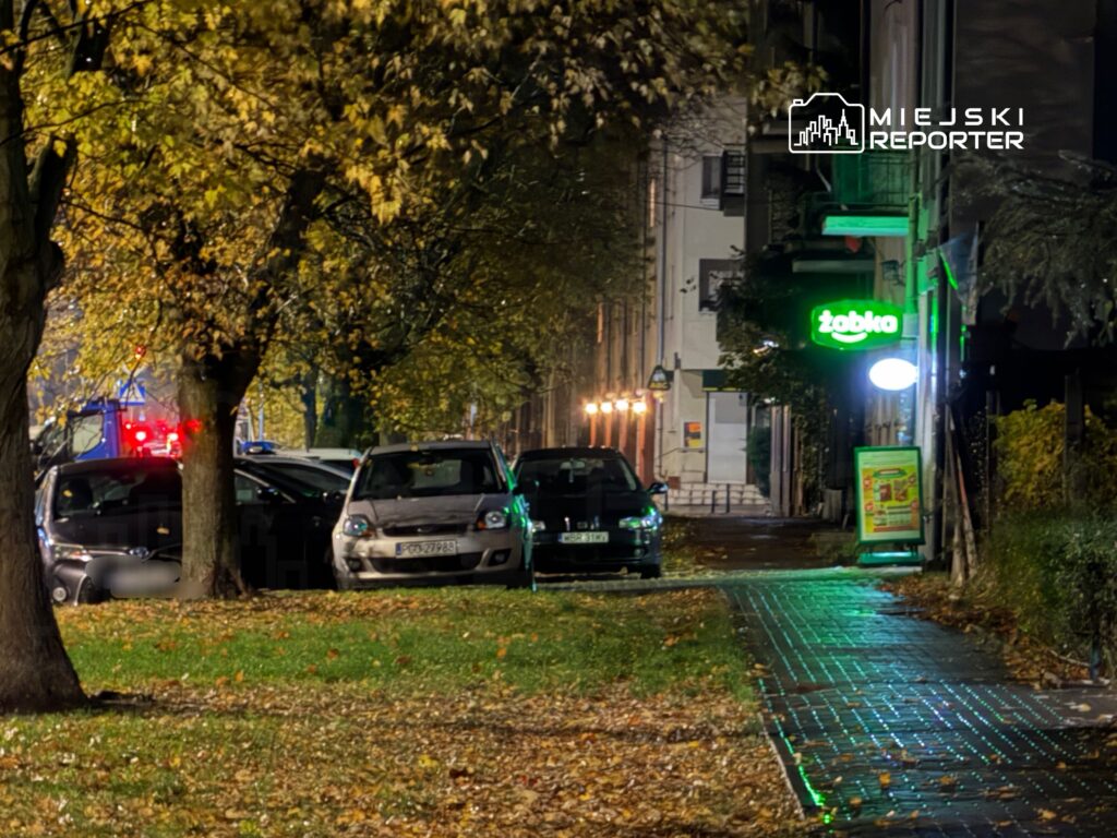 Ulica z zaparkowanymi samochodami, oświetlona neonem sklepu "żabka" w tle, otoczona jesiennymi drzewami.