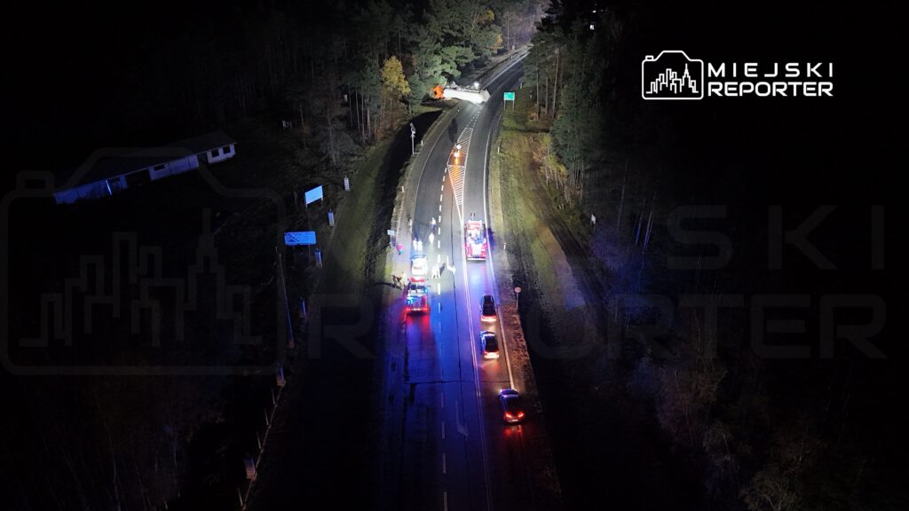 Na drodze nocą stoją pojazdy straży pożarnej i kilka samochodów osobowych, w tle widoczny las.