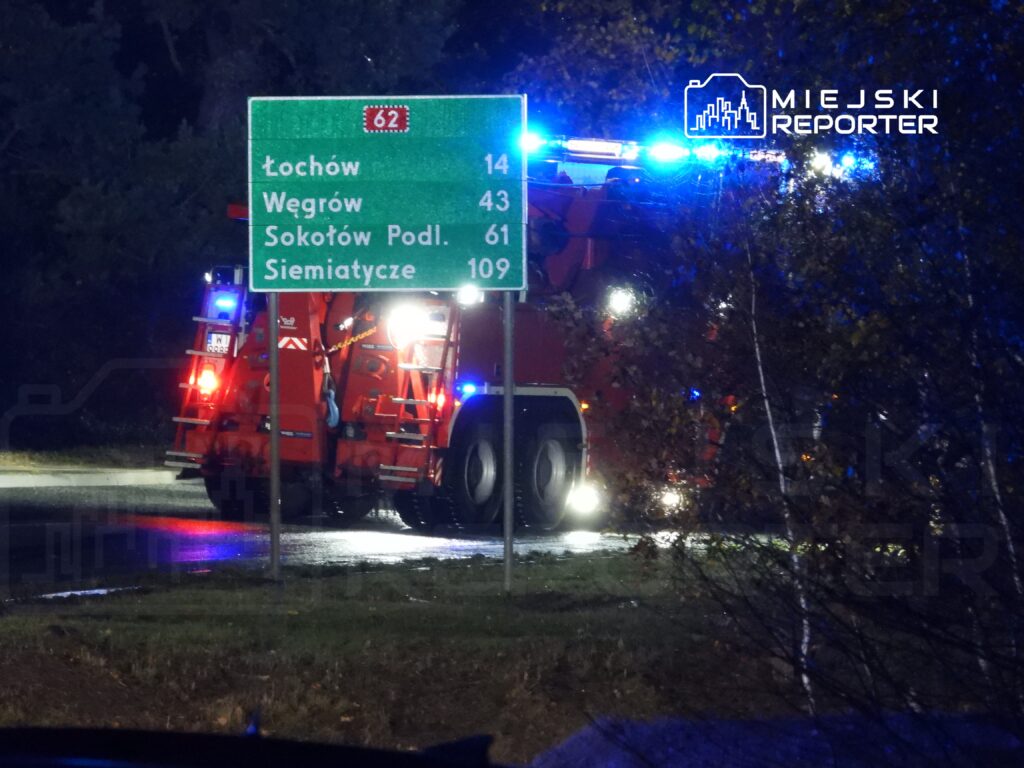 Czerwony wóz strażacki z włączonymi sygnalizacjami świetlnymi stoi przy drodze, obok znaku kierunkowym.