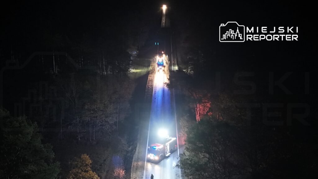 Dwa pojazdy ratunkowe z włączonymi sygnałami świetlnymi poruszają się po wąskiej drodze w lesie nocą.