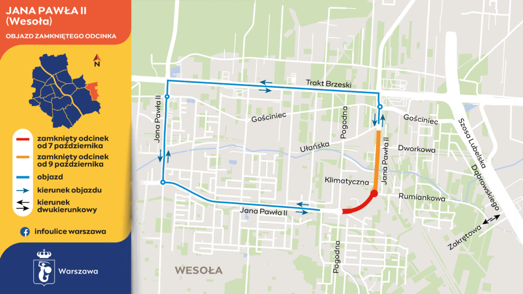 Mapa z zamkniętymi odcinkami drogi Jana Pawła II w Wesołej oraz wskazówki dotyczące objazdu.