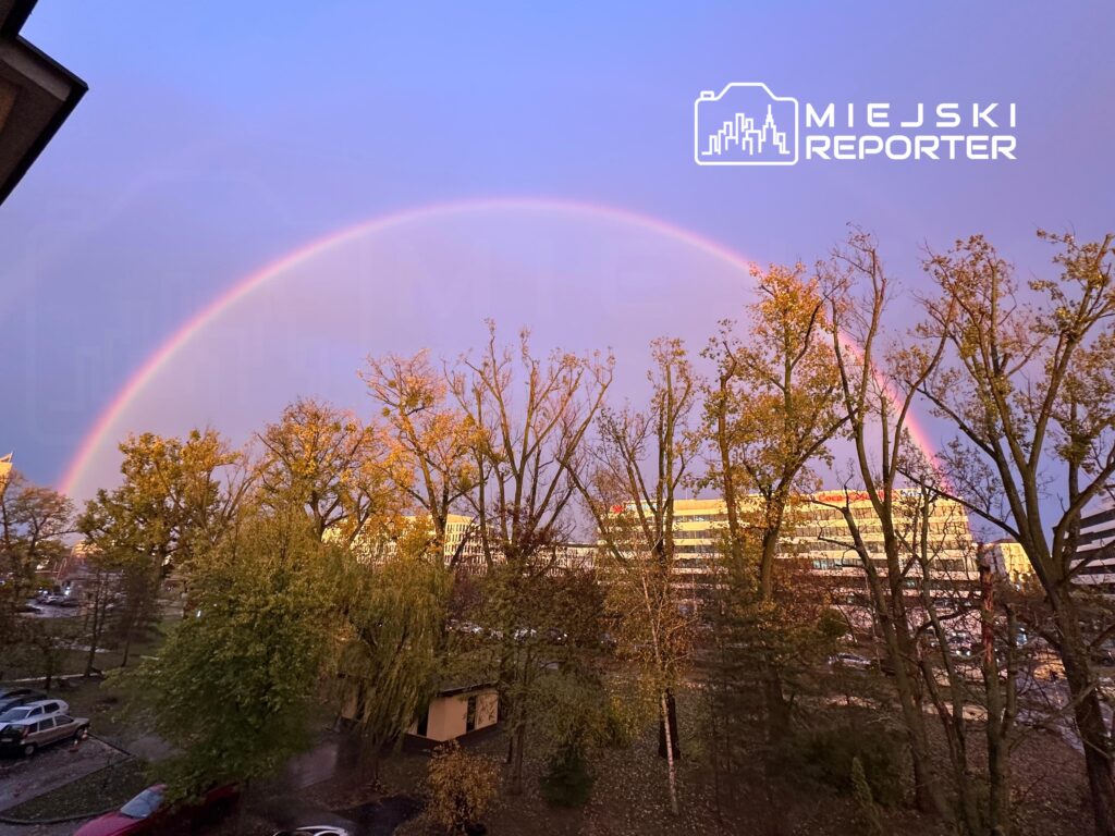 Tęcza rozciągająca się nad drzewami w parku, w tle nowoczesne budynki i parking z samochodami.