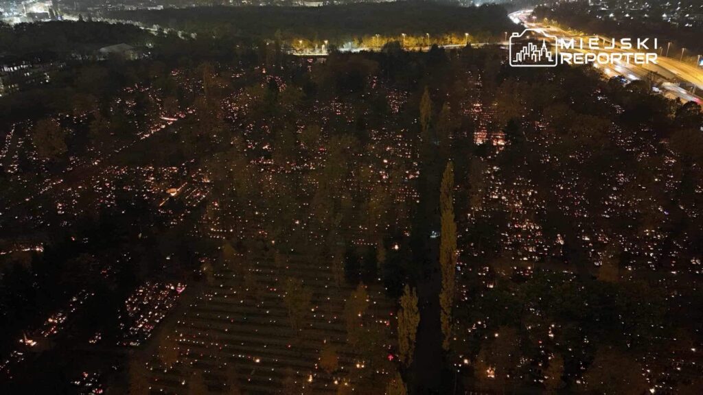 Cmentarz oświetlony setkami zniczy w nocy, otoczony drzewami i z widokiem na miasto w tle.