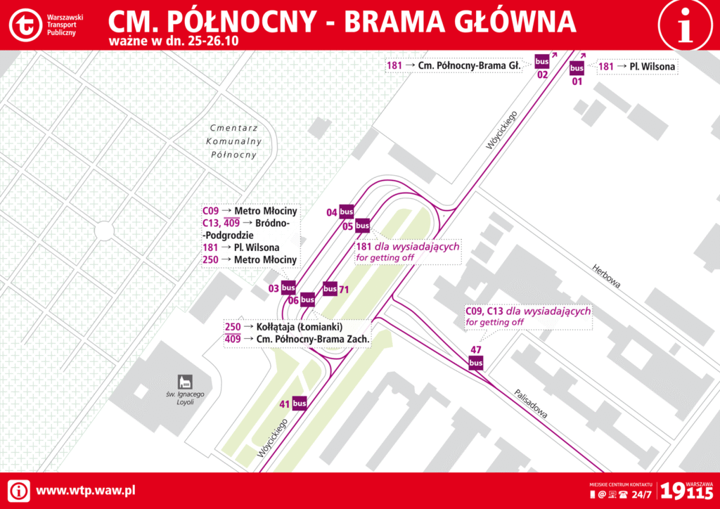 Mapa komunikacji miejskiej z oznaczeniem przystanków i tras autobusów w okolicy Cmentarza Północnego.