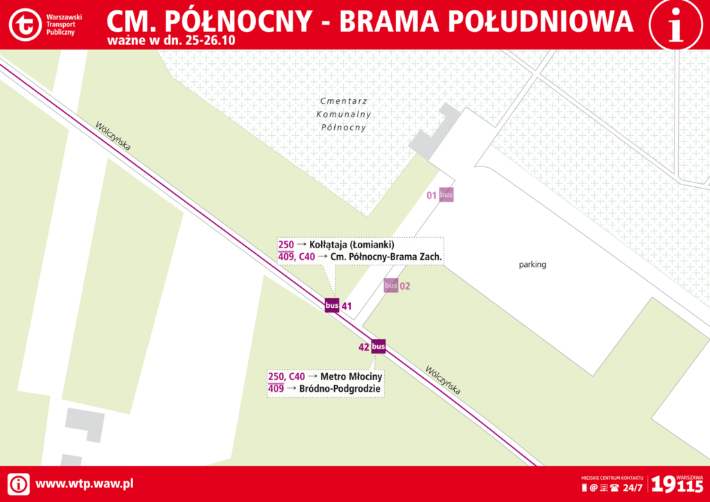 Mapa z informacjami o komunikacji miejskiej przy Cmentarzu Północnym, z trasami autobusów 250, 409 i C40.