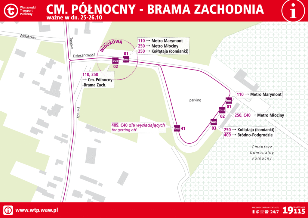 Mapa przedstawiająca rozkład linii autobusowych oraz dojazd do Cmentarza Północnego - Brama Zachodnia.
