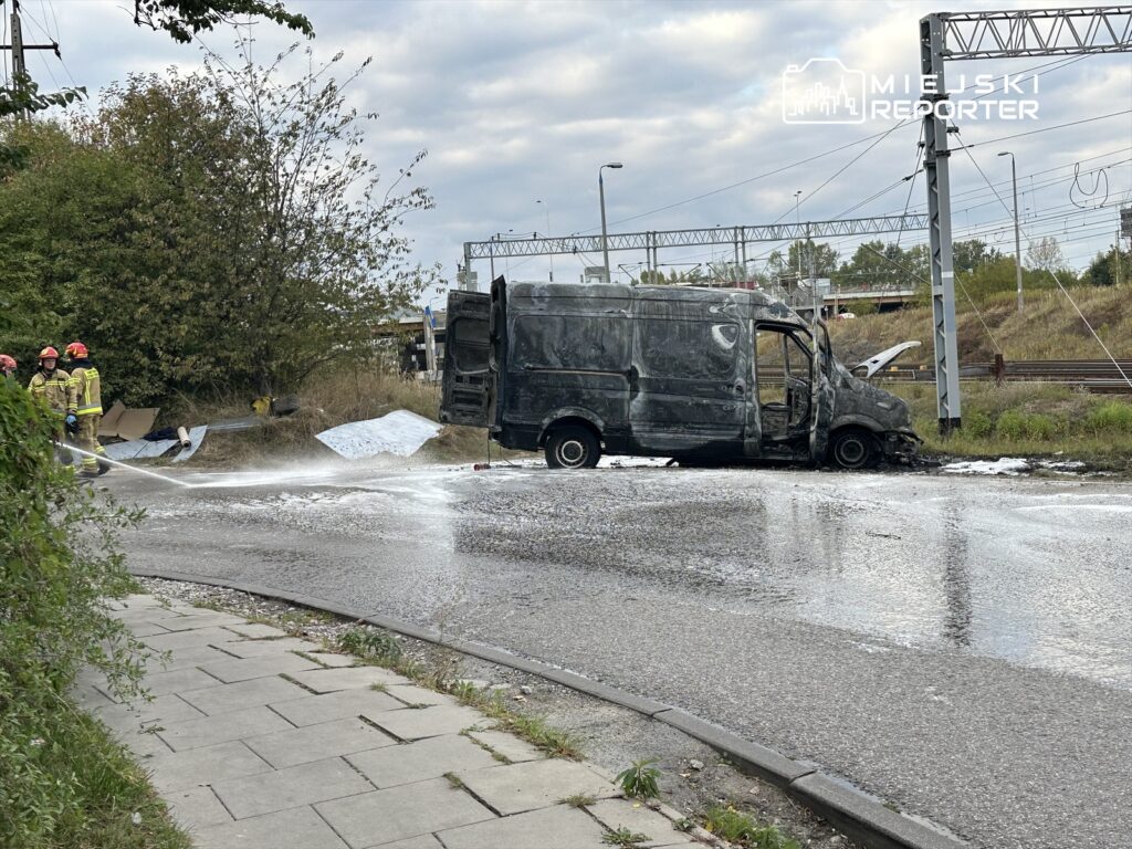 Strażacy gaszą płonącą furgonetkę na zakręcie drogi, obok torów kolejowych i zarośli.