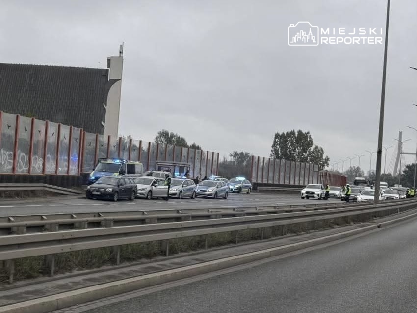 Grupa policjantów prowadzi kontrole drogowe na pasie ruchu, obok stoją radiowozy w pobliżu szarego budynku.