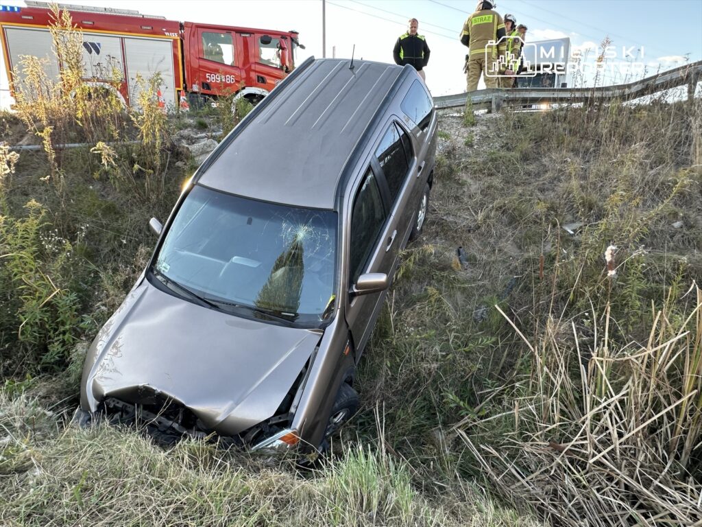 Samochód osobowy wjeżdżony w pobocze drogi, otoczony trawami, obok stoją strażacy i wóz strażacki.