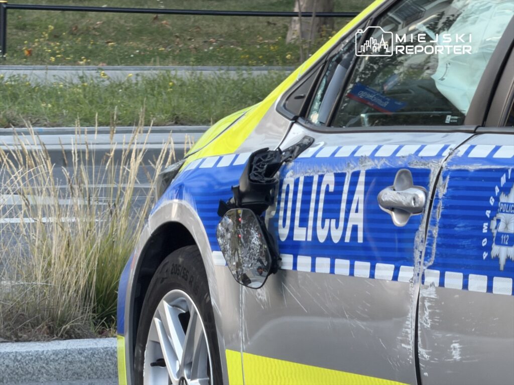 Uszkodzony radiowóz policji z zerwanym lusterkiem stoi na poboczu drogi w otoczeniu trawy.