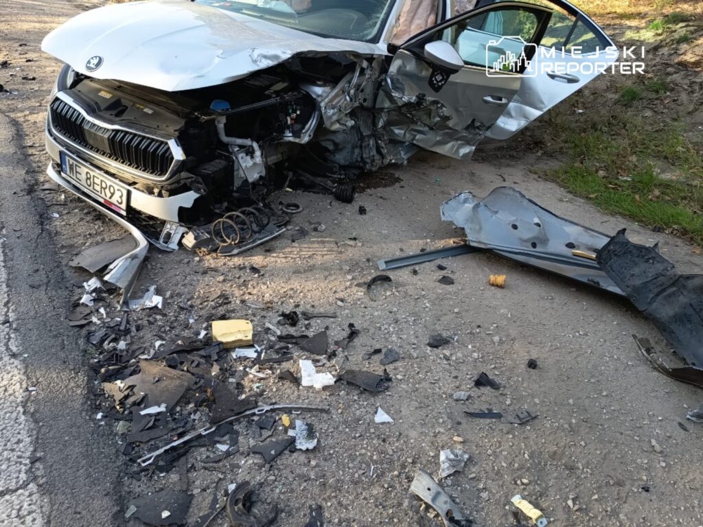 Rozbity samochód osobowy leży na poboczu drogi, wokół niego rozrzucone fragmenty karoserii i elementy wyposażenia.