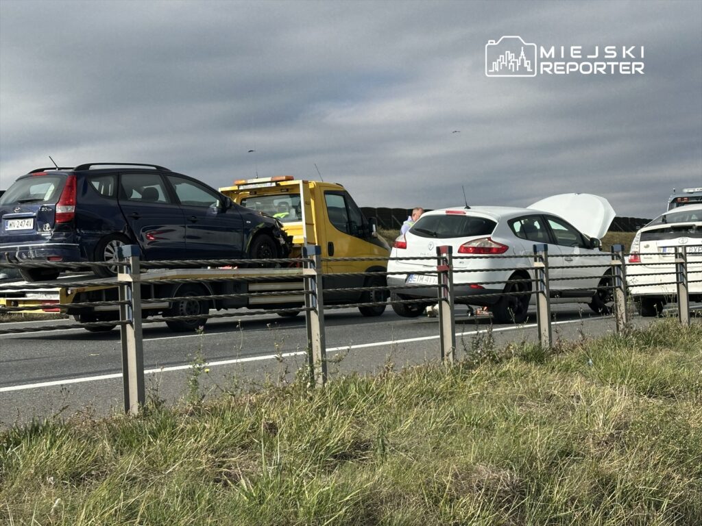 Na drodze stoi laweta z niebieskim samochodem osobowym, obok białego auta z otwartą maską, przy którym pracuje mężczyzna.