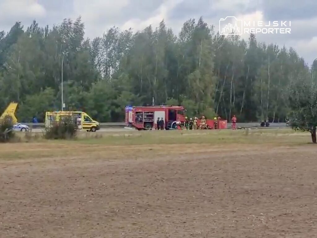 Zespół ratunkowy oraz strażacy pracują przy drodze, obok zaparkowanej karetki i wozu strażackiego.