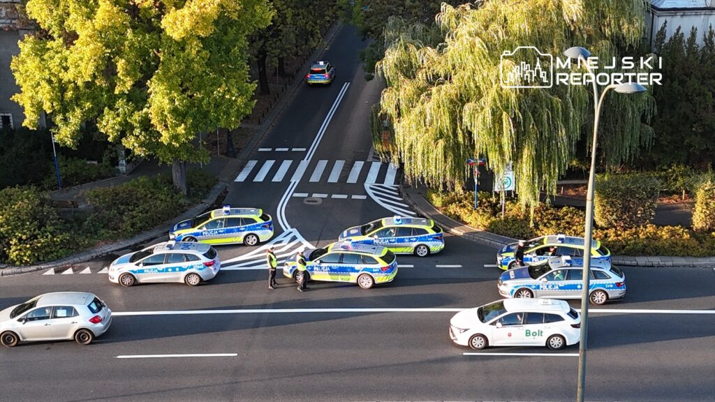 Grupa policjantów kierujących ruchem na skrzyżowaniu, otoczona przez kilka radiowozów, w tle drzewa i ulice.