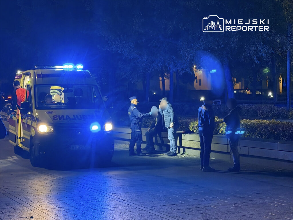 Zespół ratownictwa medycznego udziela pomocy grupie osób w parku nocą, otoczeni niebieskimi światłami.