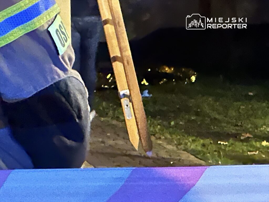 Mężczyzna w odblaskowej kamizelce trzyma drabinę w ciemnym otoczeniu, w tle widać zarys innych osób.