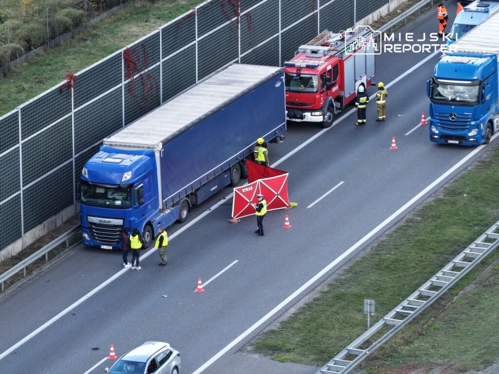 Grupa strażaków i służb ratunkowych pracuje przy wypadku drogowym, zabezpieczając miejsce zdarzenia na autostradzie.