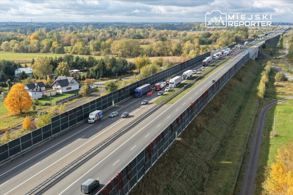 Ruch samochodowy na szerokiej autostradzie, z pojazdami osobowymi i ciężarowymi, w otoczeniu zielonych pól i drzew.