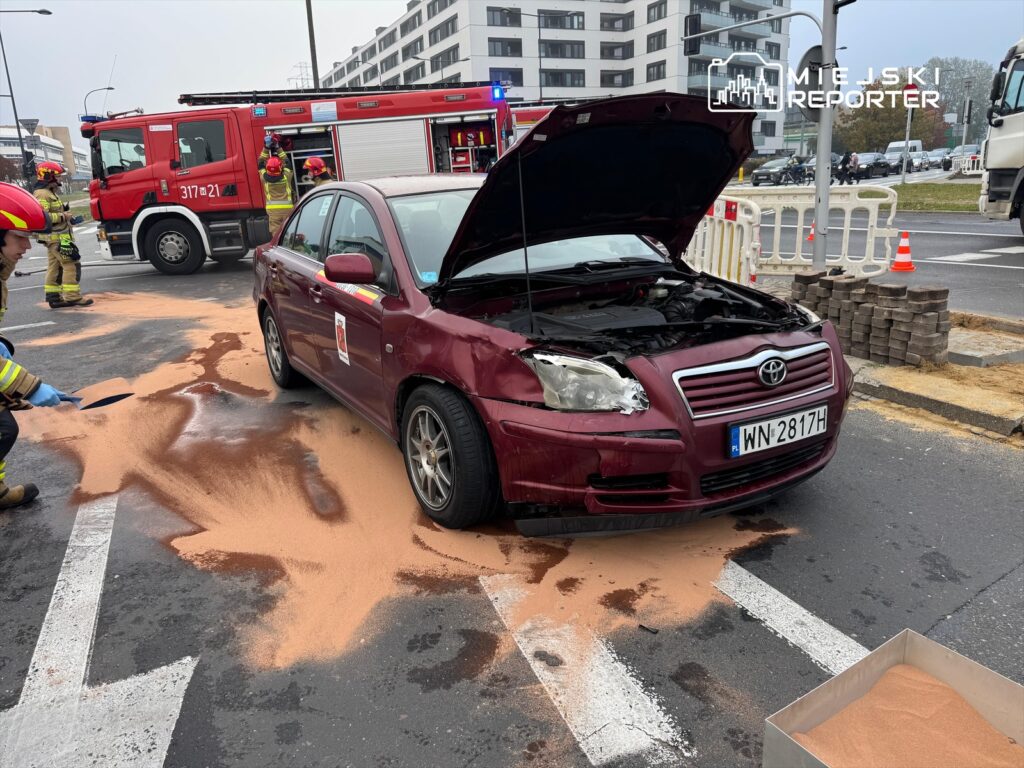 Strażacy sprzątają rozlane płyny z ulicy obok uszkodzonego samochodu osobowego, na którym uniesiona jest maska.